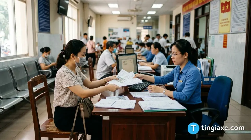 Người dân làm thủ tục cấp đổi giấy phép lái xe ô tô cũ sang phân hạng mới tại trung tâm hành chính.