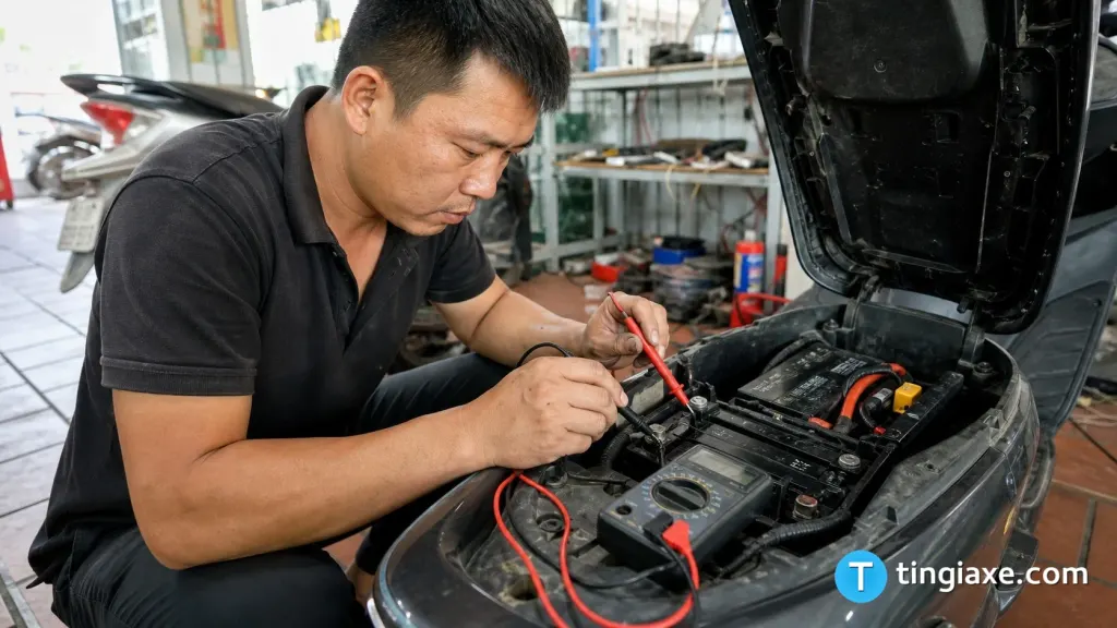Kỹ thuật viên đo điện áp bình ắc quy xe máy điện bằng đồng hồ vạn năng