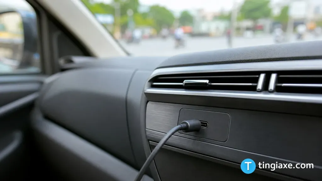 Cận cảnh cổng sạc USB Type-C được bố trí trên bảng điều khiển xe ô tô điện VinFast VF 3.