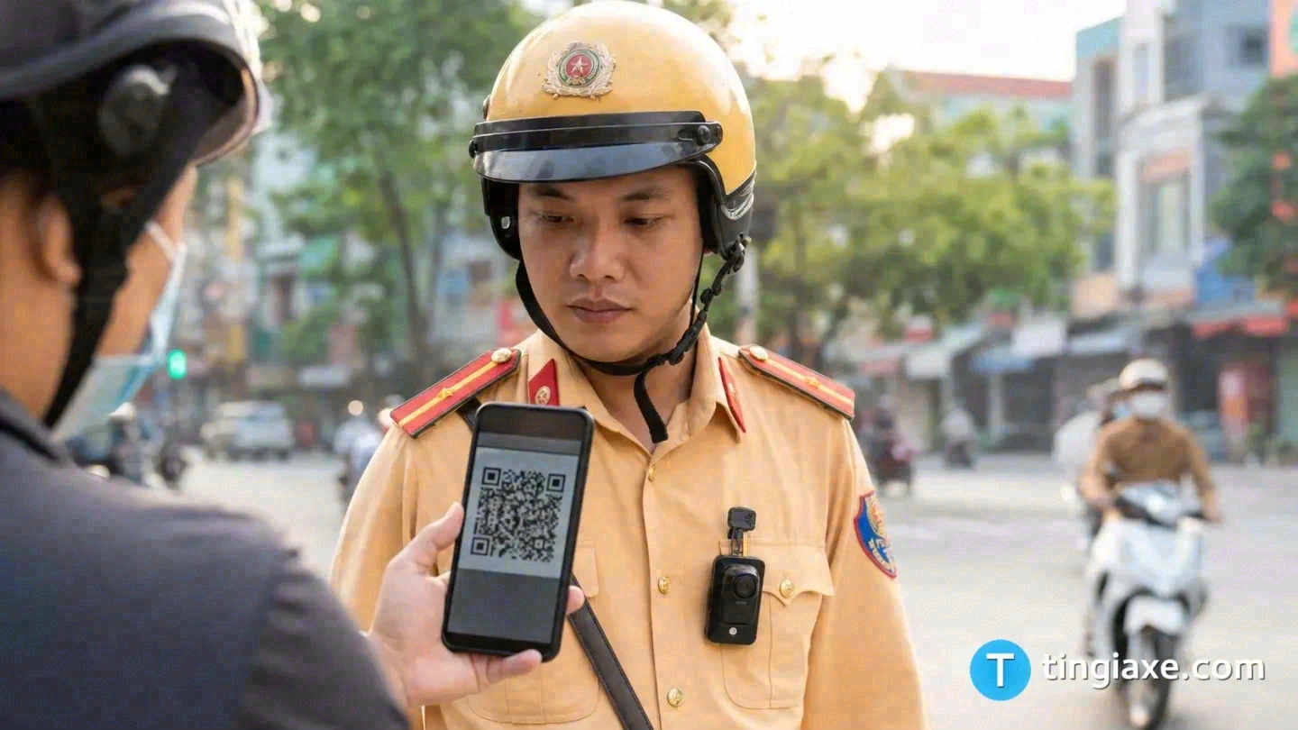 Cảnh sát giao thông Việt Nam kiểm tra giấy chứng nhận bảo hiểm trách nhiệm dân sự bắt buộc của xe máy dưới dạng điện tử có mã QR trên điện thoại di động.
