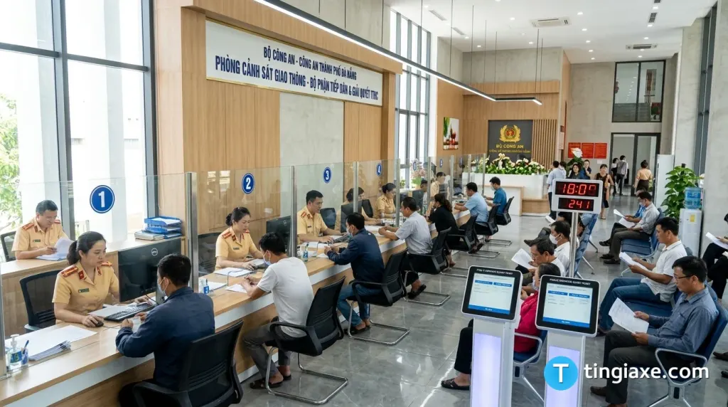 Bộ phận tiếp nhận hồ sơ cấp đổi giấy phép lái xe của Cảnh sát giao thông thành phố Đà Nẵng tại số 18 Võ An Ninh.