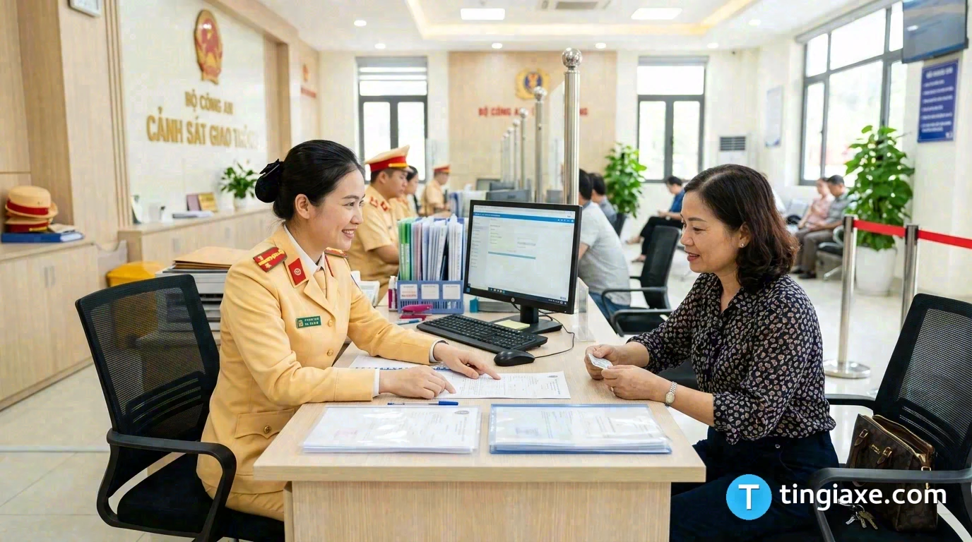 Cán bộ Cảnh sát giao thông tại điểm tiếp nhận hỗ trợ công dân làm thủ tục đổi bằng lái xe ô tô ở Hà Nội 2026.