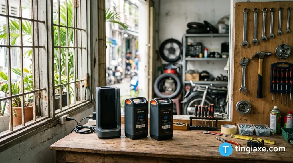 Hai viên pin Lithium-ion Honda Mobile Power Pack e tháo rời bên cạnh bộ sạc.