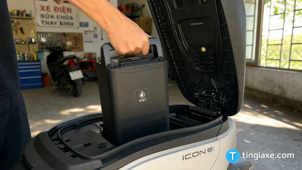 Pin Lithium-ion tháo rời đạt chuẩn kháng nước IP67 của xe máy điện Honda ICON e