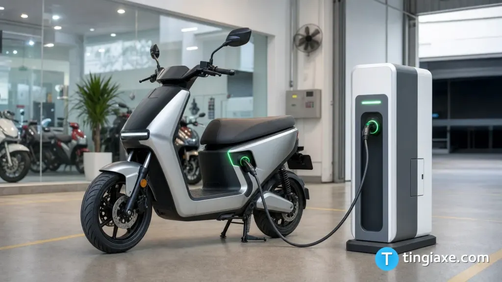 Xe máy điện Honda UC3 đang cắm sạc nhanh tại trạm sạc Honda Motor Charger Hub
