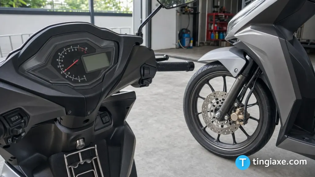 Cận cảnh phanh đĩa và vành đúc thể thao của xe máy Honda Wave RSX FI 2026