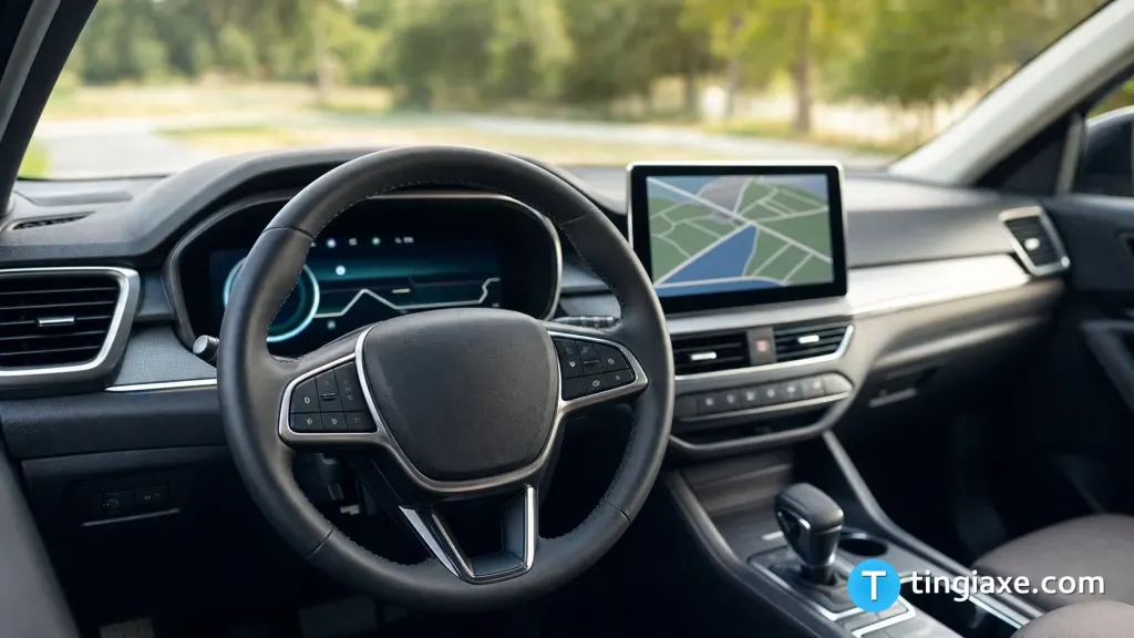 Không gian nội thất khoang lái hiện đại của ô tô Hyundai Venue với vô lăng bọc da và màn hình giải trí 8 inch