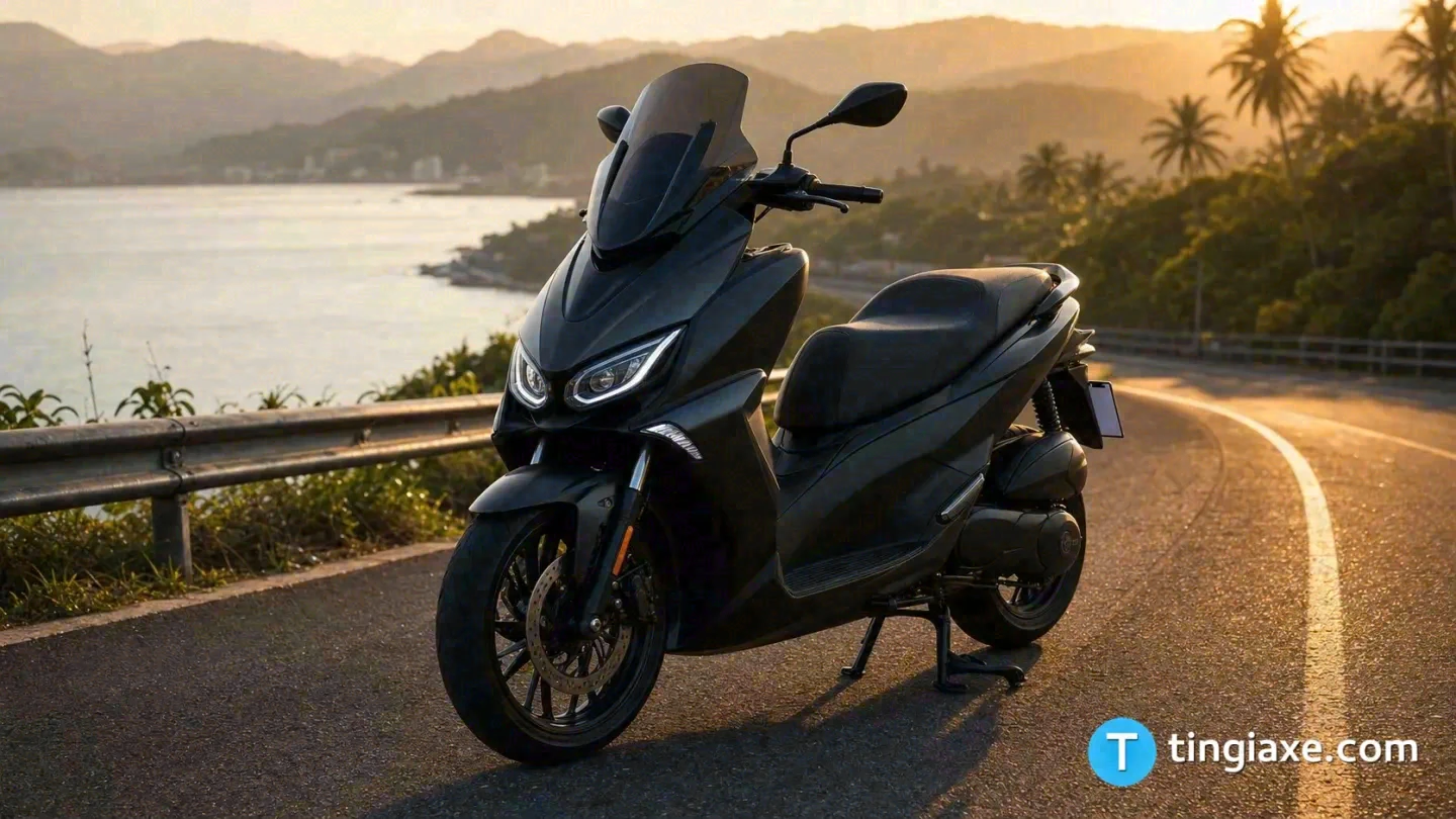 Xe tay ga Piaggio Beverly S 400 HPE màu đen nhám Nero Meteora đỗ bên cung đường ven biển Việt Nam lúc hoàng hôn.