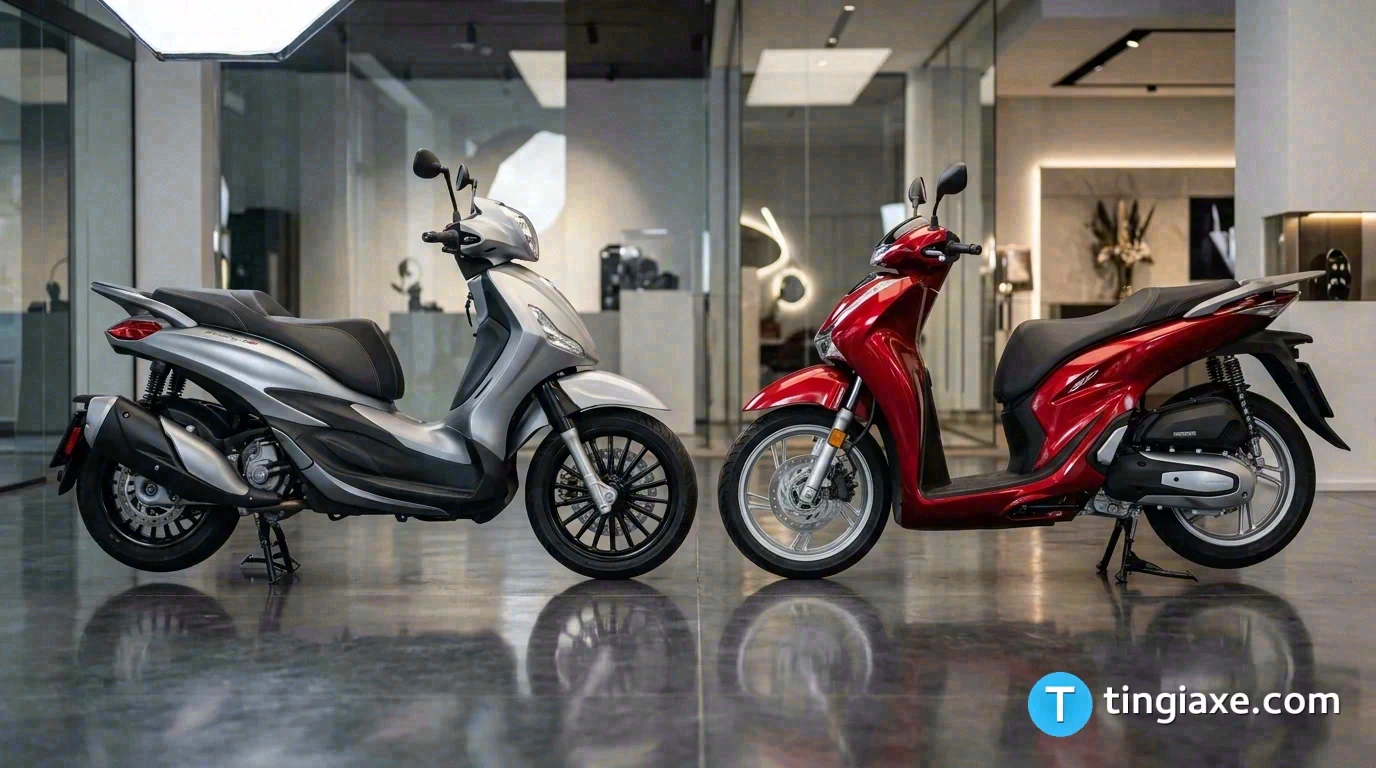 So sánh ngoại hình thực tế của Piaggio Beverly S 400 màu bạc và đối thủ Honda SH 350i trong showroom cao cấp.