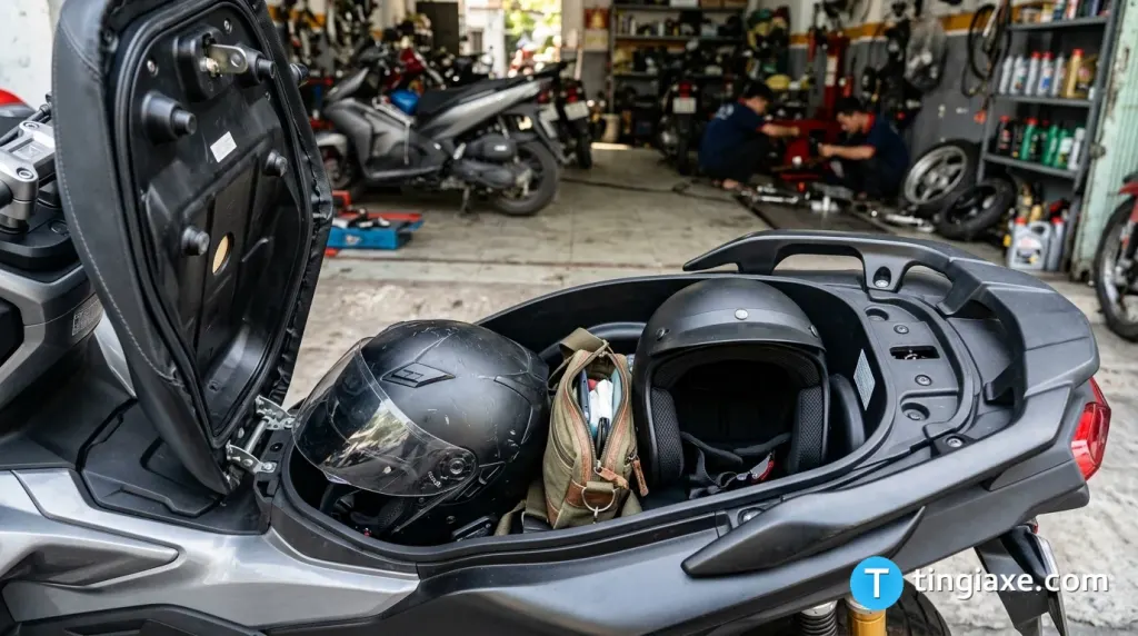 Cốp xe rộng 36 lít dưới yên xe Piaggio Medley chứa được hai mũ bảo hiểm lớn