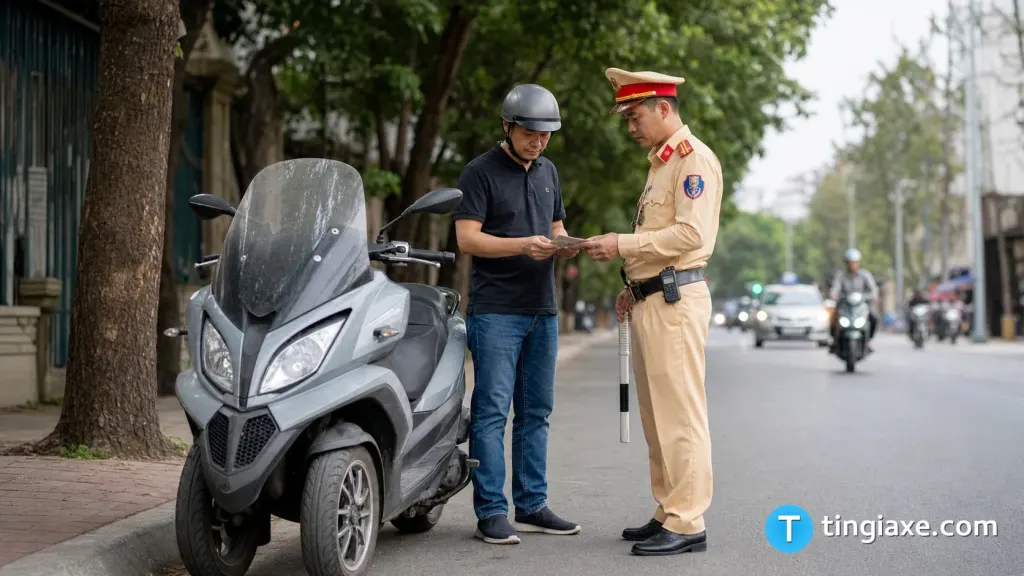Cảnh sát giao thông kiểm tra giấy phép lái xe hạng B1 của người điều khiển xe ba bánh Piaggio MP3 tại Việt Nam.