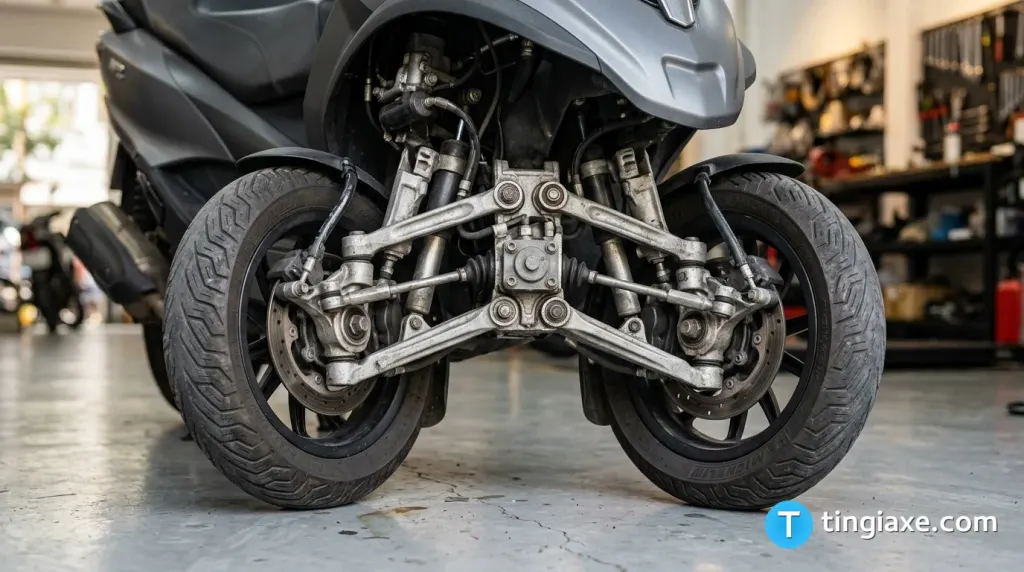 Chi tiết hệ thống treo trước độc lập hình bình hành và đôi bánh trước của xe Piaggio MP3.