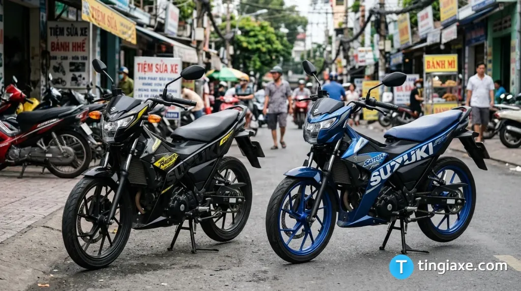 So sánh thiết kế đầu xe Suzuki Raider R150 lắp ráp trong nước và Suzuki Satria F150 nhập khẩu.