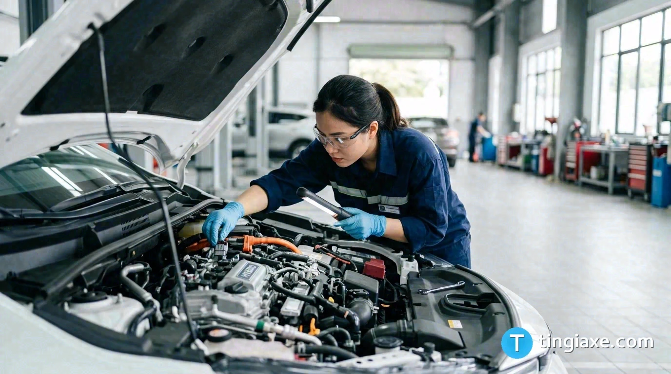 Kỹ thuật viên kiểm tra động cơ hybrid xăng điện trên ô tô