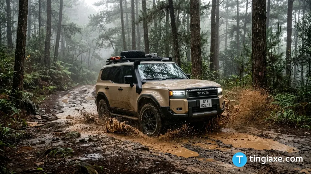 Toyota Land Cruiser Prado 2026 vận hành off-road trên đường đất đồi rừng.