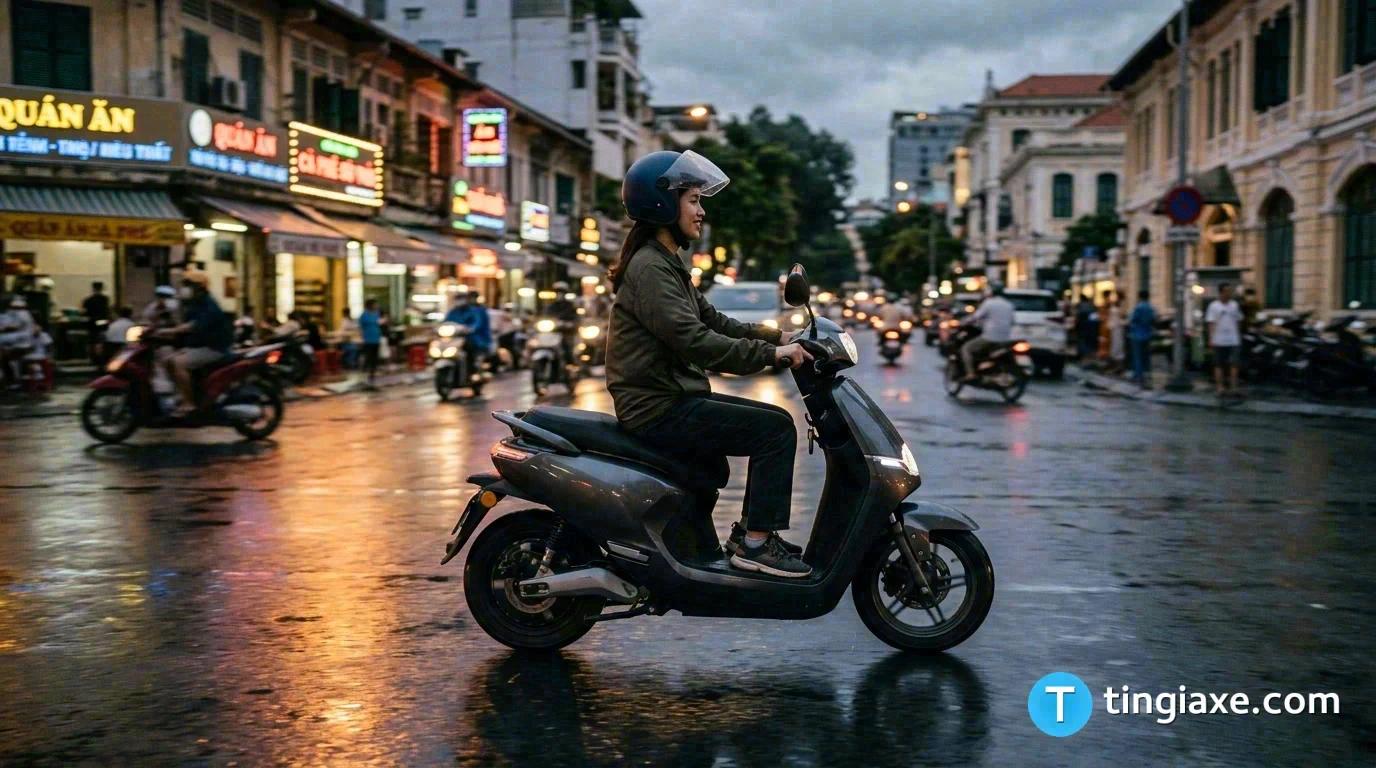 Xe máy điện VinFast Kinet di chuyển linh hoạt trên đường phố đô thị Việt Nam sau cơn mưa.