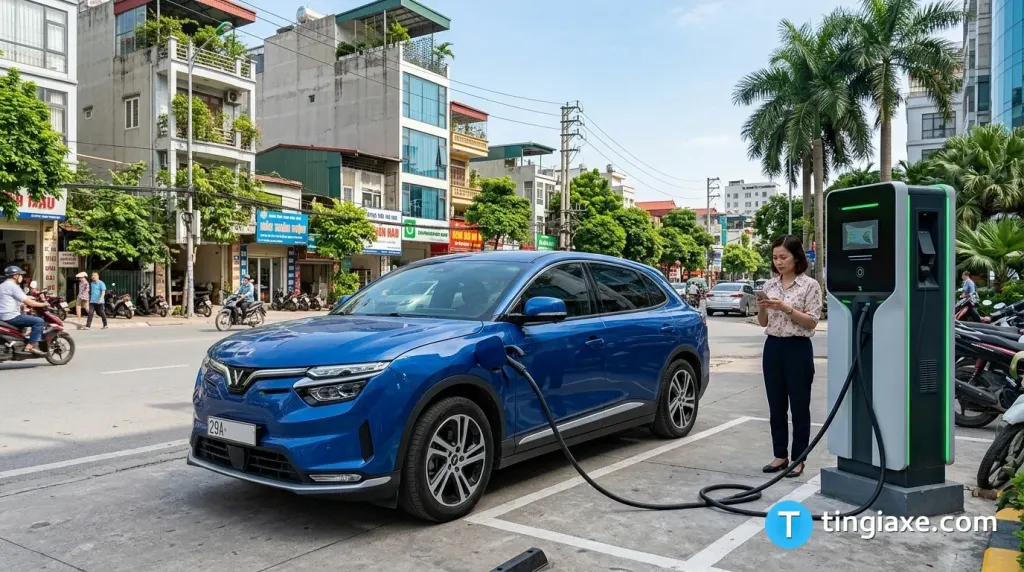 Xe ô tô điện được cắm sạc tại trạm sạc pin công cộng V-Green ở Việt Nam