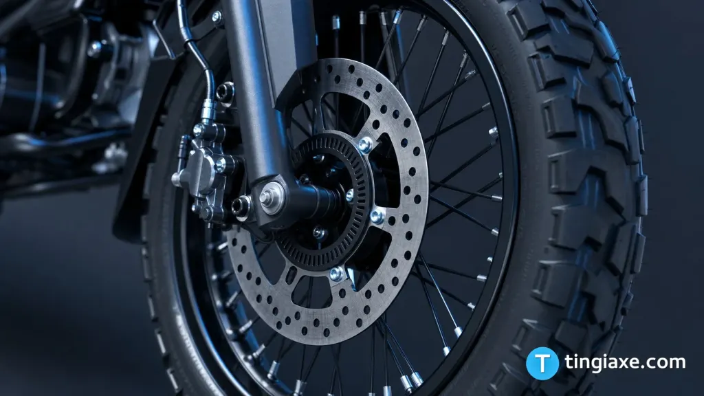 Cận cảnh phanh đĩa trước tích hợp cảm biến chống bó cứng phanh ABS trên xe Yamaha PG-1
