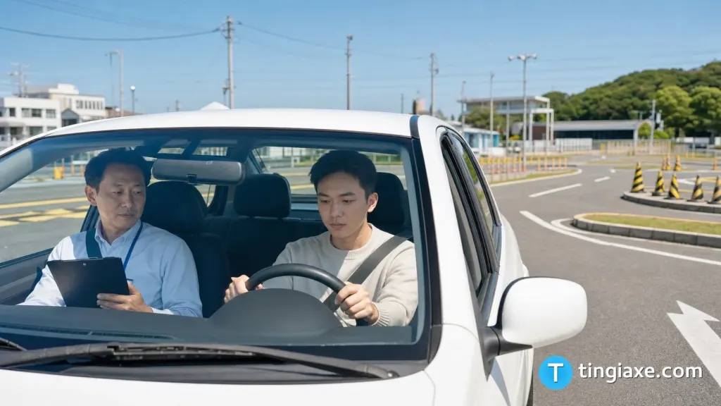 Học viên thực hành tập lái xe ô tô số tự động tại trường lái Kyoshujo ở Nhật Bản.
