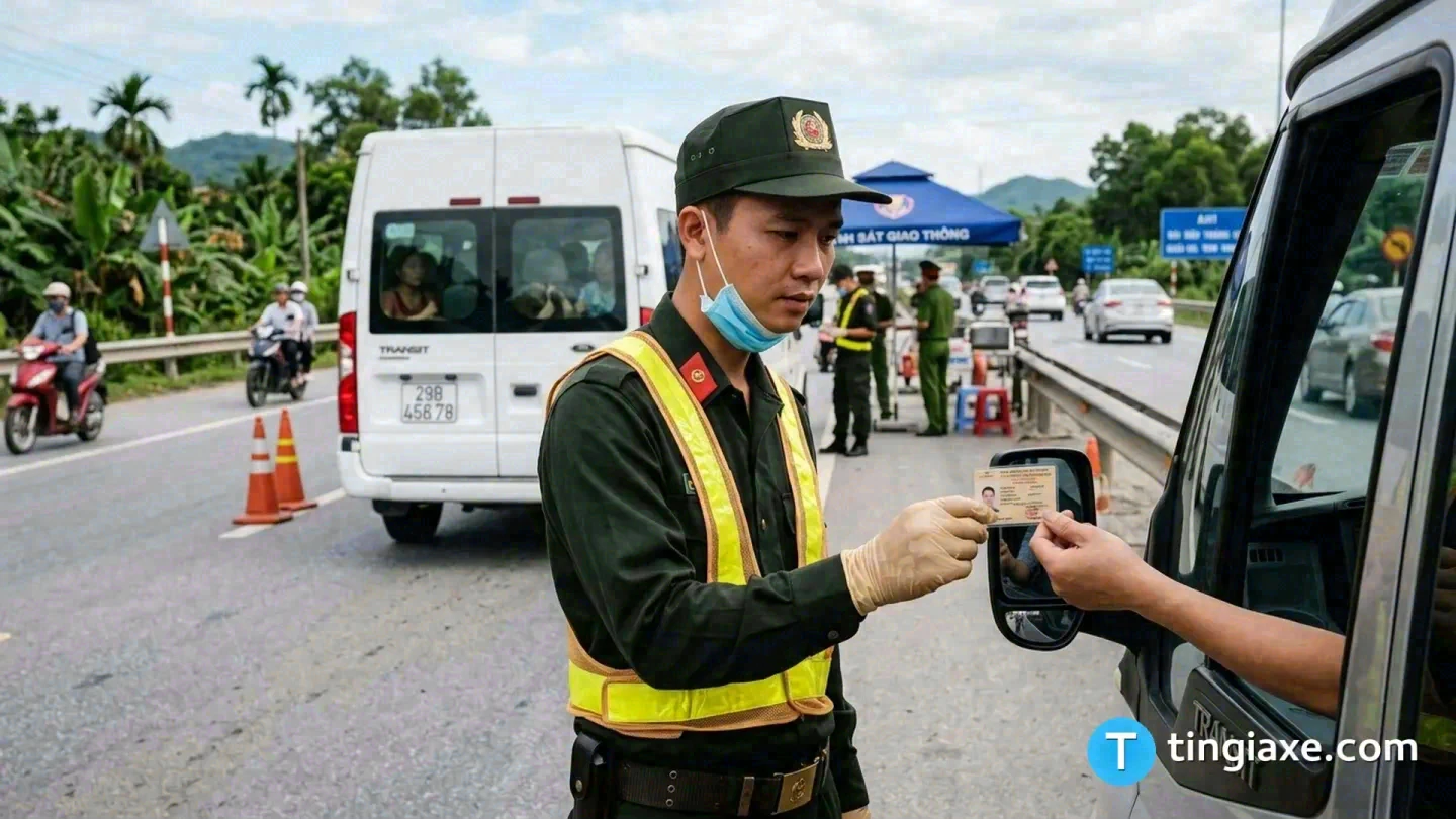 Cảnh sát giao thông kiểm tra giấy phép lái xe ô tô của tài xế tại Việt Nam