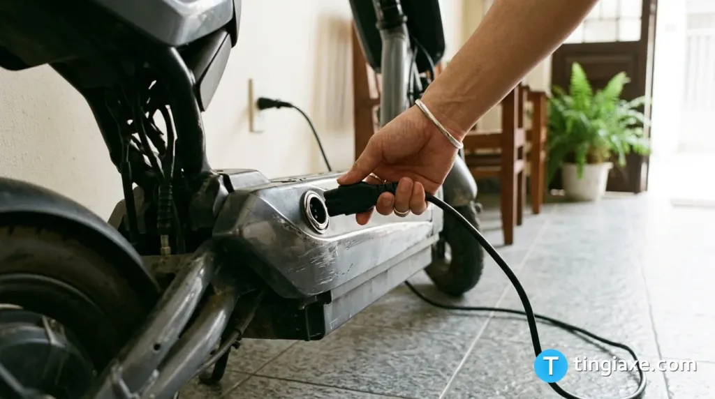 Cắm sạc cho xe máy điện tại nhà để kiểm tra lỗi không vào điện