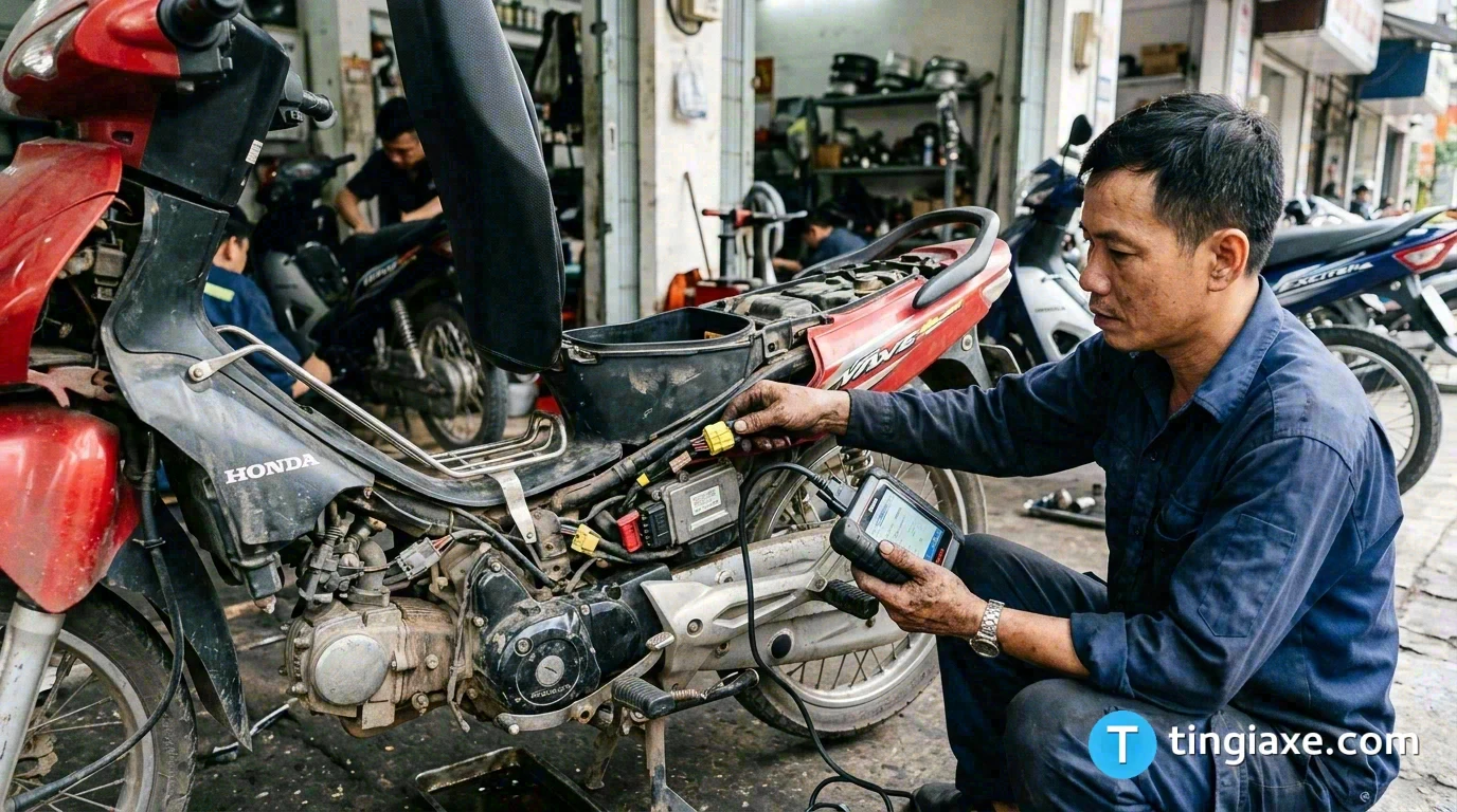 Kỹ thuật viên dùng máy chẩn đoán đọc mã lỗi FI cho xe máy Honda tại xưởng.