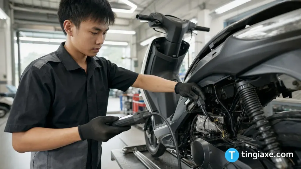 Kỹ thuật viên cắm máy chẩn đoán để đọc mã lỗi xe tay ga phun xăng điện tử tại xưởng ở Việt Nam.
