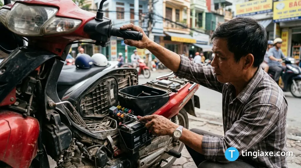 Người dùng kiểm tra ắc-quy và cầu chì khi xe Liberty không đề được trên đường phố Việt Nam.