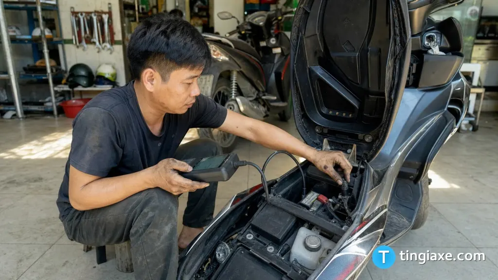 Kỹ thuật viên dùng máy chẩn đoán đọc và xóa lỗi FI cho xe máy Yamaha
