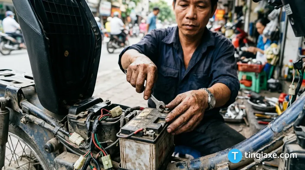 Kiểm tra cọc bình ắc quy khi xe Yamaha báo đèn vàng đề không nổ
