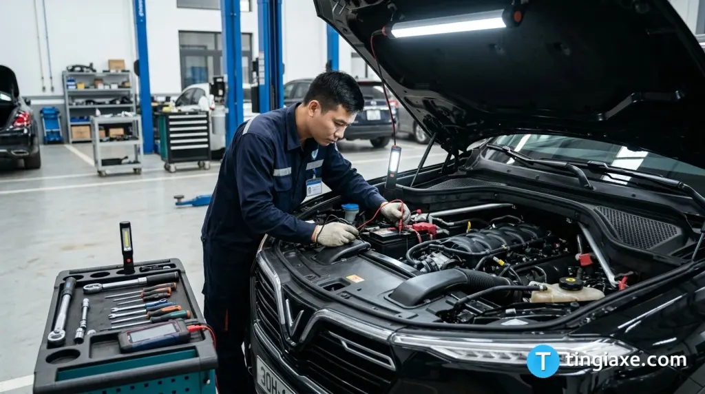 Kỹ thuật viên đang kiểm tra khoang động cơ và bình ắc quy của xe VinFast Lux SA 2.0 tại xưởng dịch vụ.