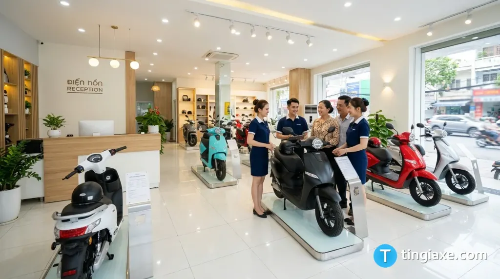 Khách hàng nhận tư vấn mua xe máy điện VinFast chính hãng tại showroom ủy quyền