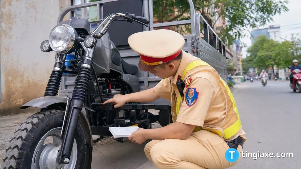 Cán bộ Cảnh sát giao thông kiểm tra số khung thực tế của xe máy 3 bánh.